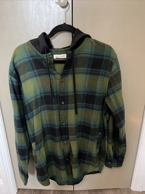 Pacsun Flannel Shirt Men's Large Green Black Plaid Button Up Hoodie Long Sleeve Pacsun Flannel Shirt Men's Large Green Black Plaid Button Up Hoodie Long Sleeve