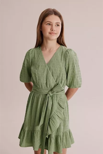 Country Road Teen Girls Dark Pistachio Textured Wrap Dress Size 12 Bnwt Rrp $99