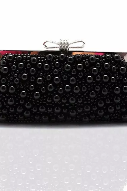 Womens Hand Beaded Pearl Clutch Bag Wedding Formal Bridal Black