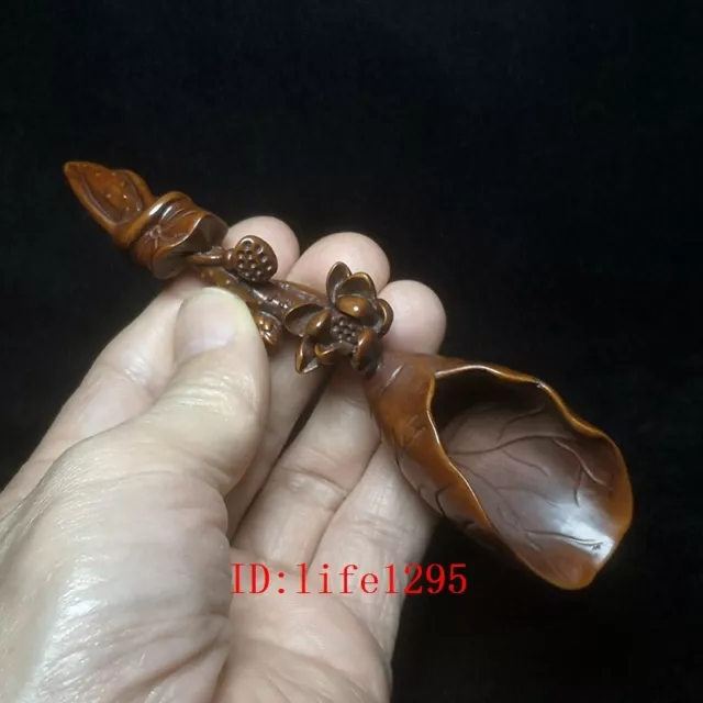 Old Chinese boxwood Hand carved exquisite lotus Statue Tea Spoon Gift L 5.3 inch