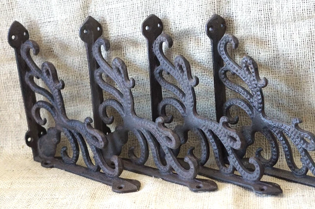4 Cast Iron Octopus Brackets Nautical Garden Braces Shelf Corbels Ocean Rustic