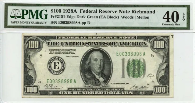 1928A $100 Federal Reserve Note Richmond Fr# 2151-Edgs PMG XF40 EPQ