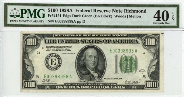 1928A $100 Federal Reserve Note Richmond Fr# 2151-Edgs PMG XF40 EPQ