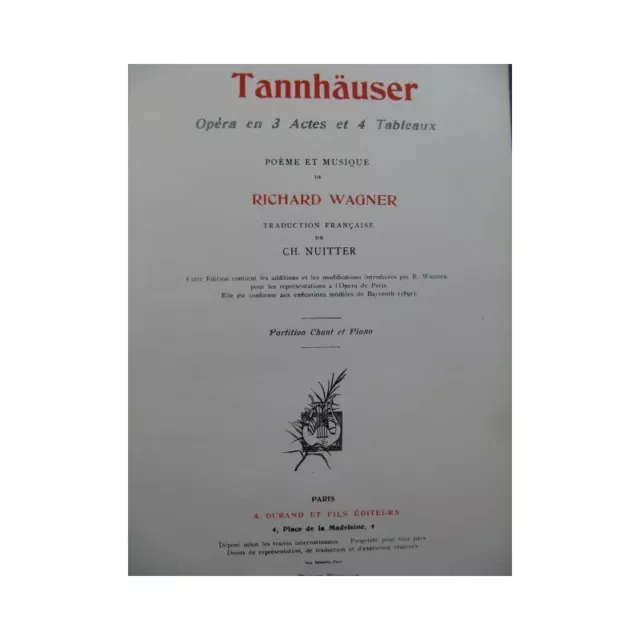 WAGNER Richard Tannhäuser Opéra Piano Chant ca1895