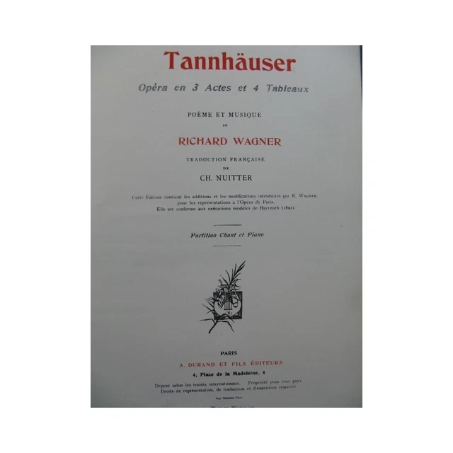 WAGNER Richard Tannhäuser Opéra Piano Chant ca1895