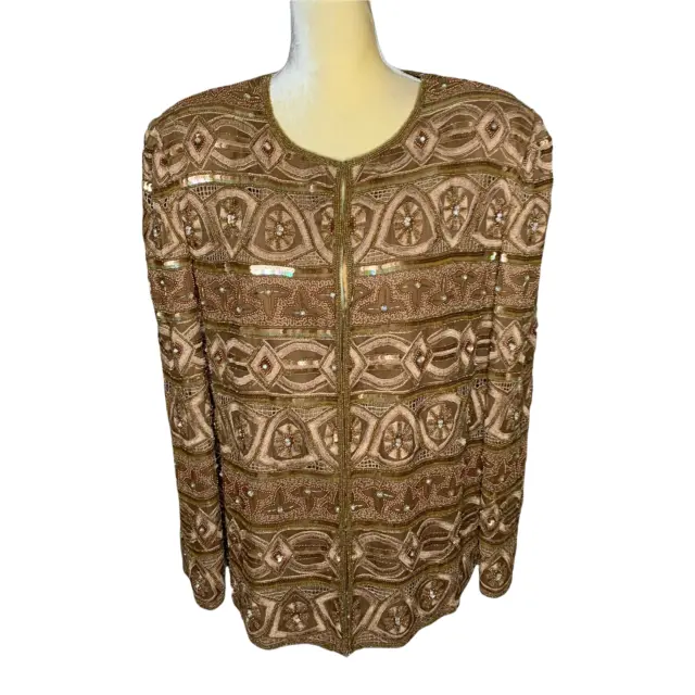 SCALA Gorgeous Gold Beaded Blouse Jacket Blazer EUC Plus Size 1X Vintage B2-35
