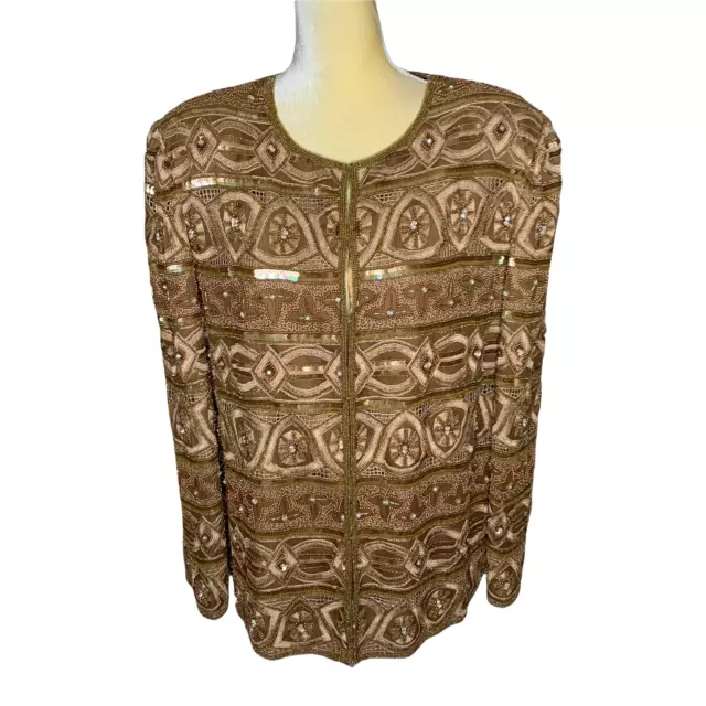 SCALA Gorgeous Gold Beaded Blouse Jacket Blazer EUC Plus Size 1X Vintage B2-35