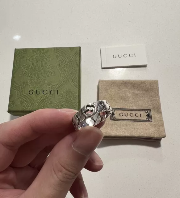 Gucci 925 Sterling Silver Thin Chain Ring With Interlocking G (IT 18/ US 9)