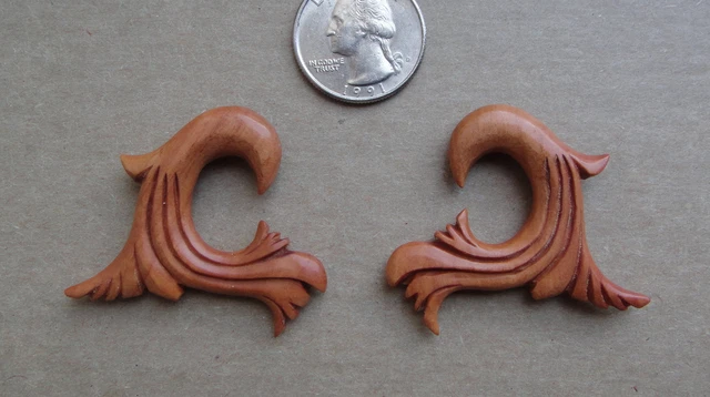 Pair HandCarved Tribal Floral Wood Spirals Taper Flower Hanging Ear Plugs GAUGES