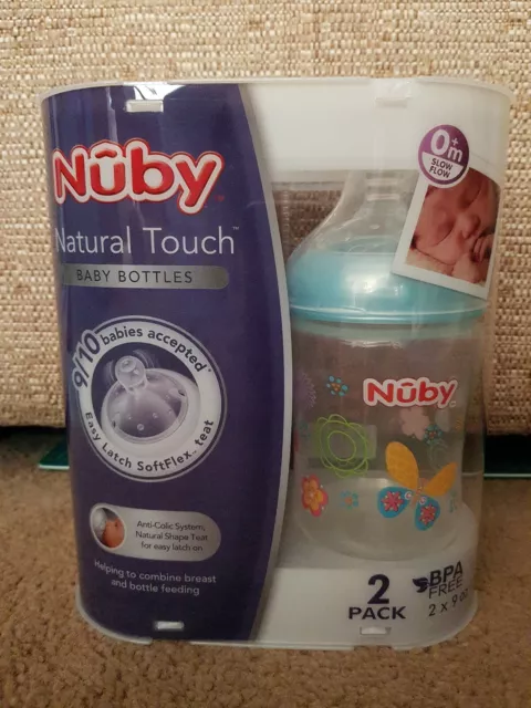 Nuby Natural Touch Anti Colic Baby Bottles 9oz/270ml x 2 Butterfly Motif NEW