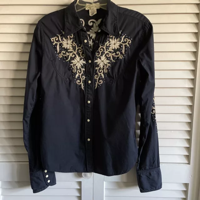 Ralph Lauren Denim Supply Western Shirt Womens M  Navy Rhinestone Embroidered