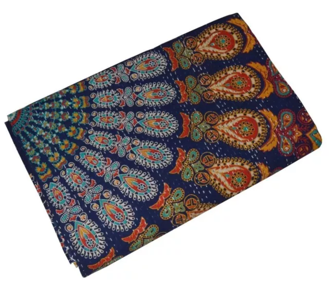 Colcha de algodón indio con diseño de mandala azul, colcha Kantha, manta,...