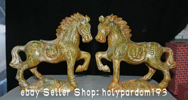 9.8" Chinese Old Xiu Jade Carving Dynasty Ware Horse Statue Sculpture Pair