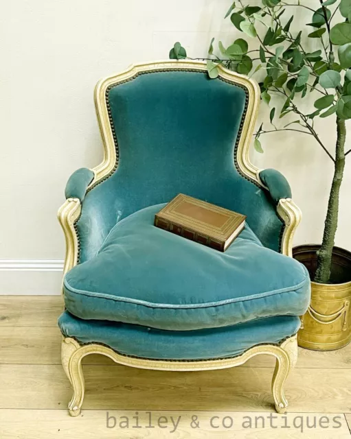 An Antique Parisian French Blue Bergere Armchair Louis XV Style - E186