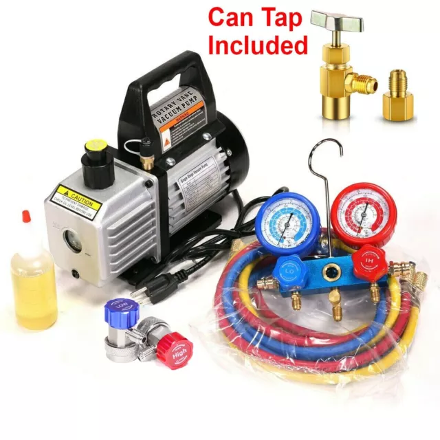 AC MANIFOLD GAUGE set Combo 3 CFM Air Vacuum Pump HVAC + R134A Kit AC A