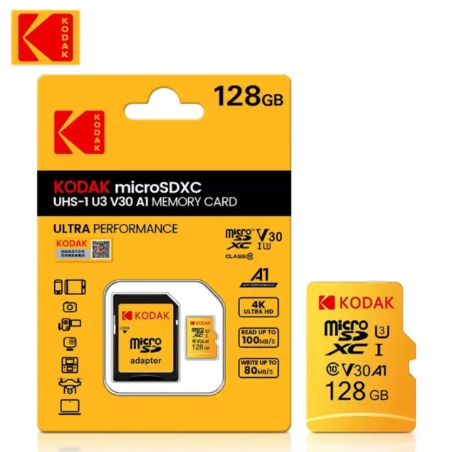 KODAK 128GB microSDXC UHS-I U3 V30 A1 Micro SD Memory Card w Adapter - Brand New