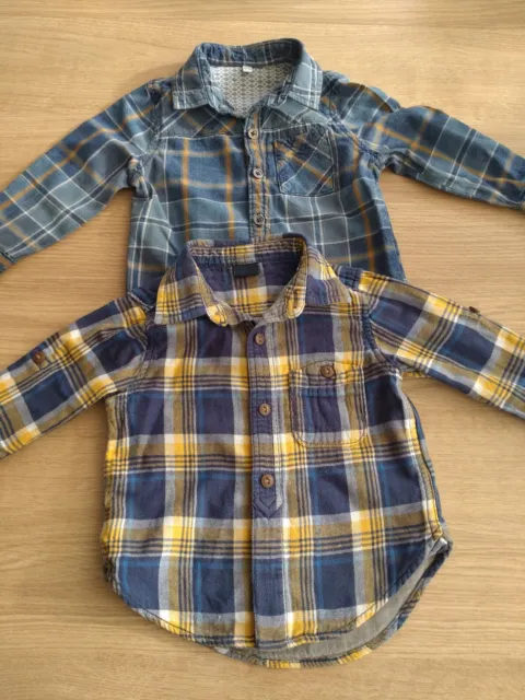 x2 Baby Toddler Boys Shirts Gap M&S Blue Yellow Checked 12-18 Months Long Sleeve