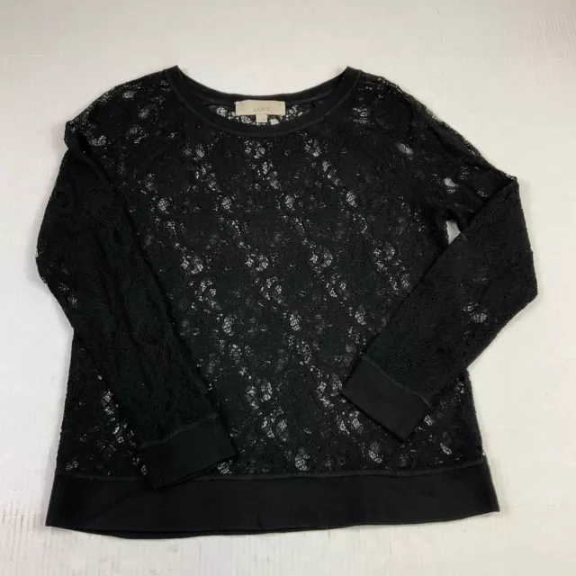 LOFT Womens Lace Blouse Black Long Sleeve Sheer Shirt Round Neck Top S Small