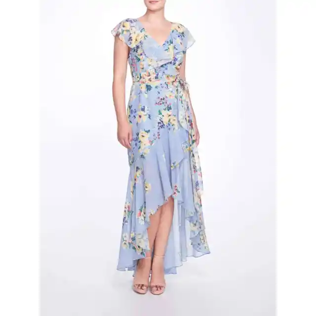 New Marchesa Notte Vittoria Hi-Low Gown Blue Floral Wrap Dress V-Neck Sz 6