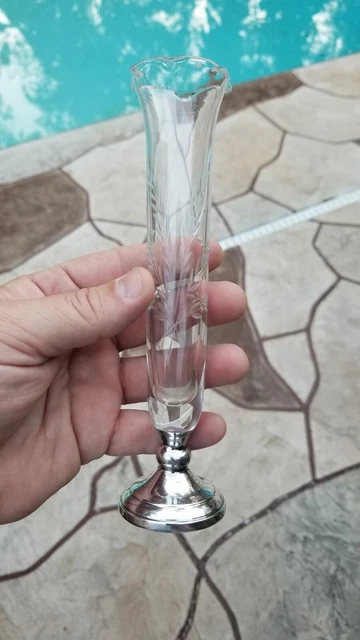 Sterling Silver and Etched Wheat Glass 7” Tall Bud Vase Vintage