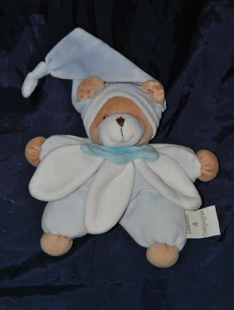 Ours DOUDOU ET COMPAGNIE Semi Plat Bleu Bonnet Pétale Blanche Col Bleu TTBE