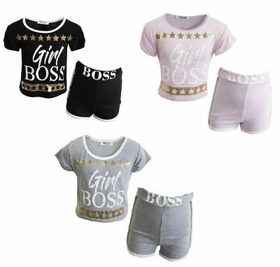 NEW Girls Girl Boss Summer Top & Gym Shorts Outfit Set Age 5 6 7 8 9 10 11 12 13