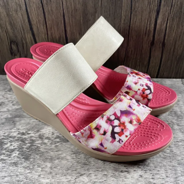 Crocs Leigh II Wedge Sandal Womens Size 11 Pink White Floral