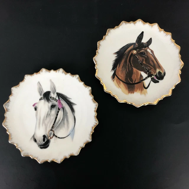 Vintage Original Artmark Horse Head Wall Plates Hand Painted Gold Western JAPAN