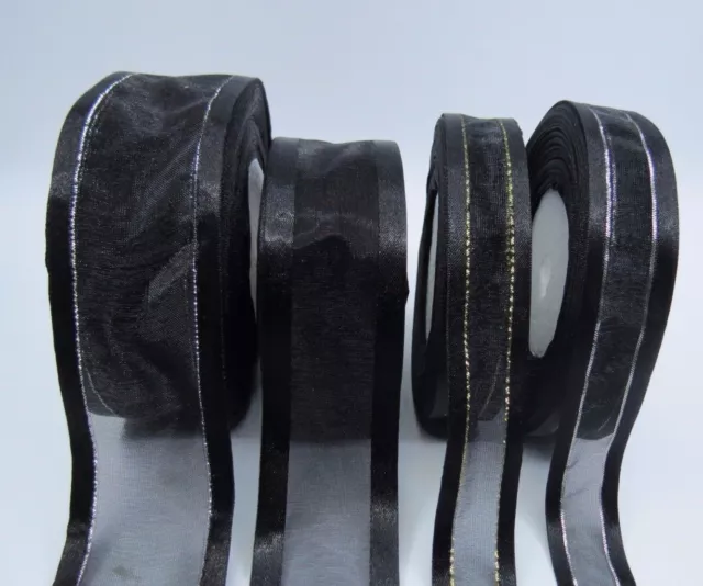 20mm  Black Satin Edged & Sheer Organza Ribbon with Gold or Silver Thread craft