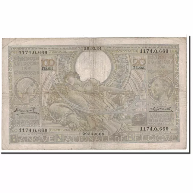 [#122197] Banknote, Belgium, 100 Francs-20 Belgas, 1934, 1934-03-29, KM:107, VF(