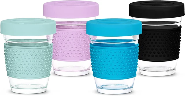12Oz/350Ml Glass Travel Mugs Set of 4, Colored Reusable Coffee Cup with Leak Pro