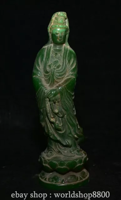 8" Old Chinese Natural Green Jade Carving Kwan-yin Guan Yin Goddess Statue