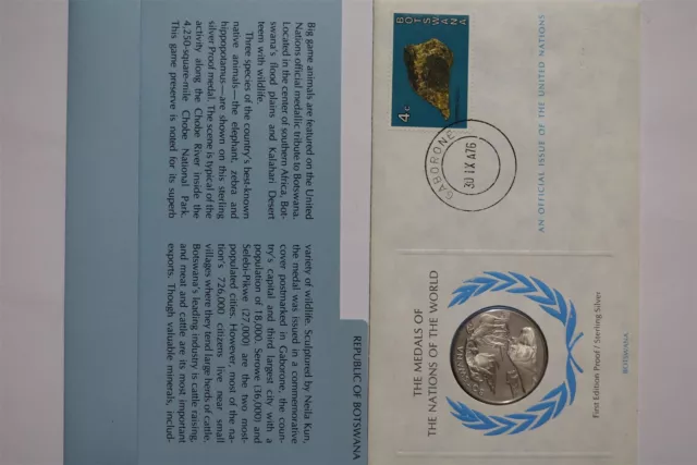 🧭 🇧🇼 Botswana United Nations Sterling Silver Medal Cover B52 #24 Cg47