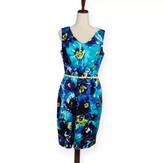 Ellen Tracy Floral Sheath Dress Knee Length Sleeveless Pockets Women's Size 8