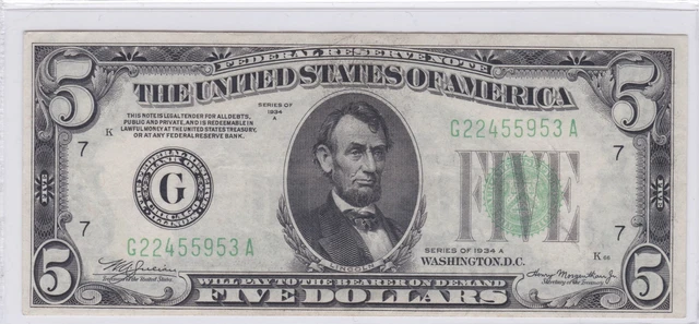 $5 1934-A Federal Reserve Note Chicago (7-G) Green Seal G22455953A