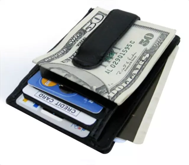 Black Genuine Cowhide Leather Money Clip Men's Thin Wallet ID Badge Credit Card