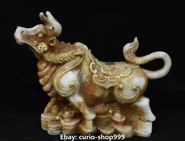 10.6" China Old Jade Gilt Fengshui Zodiac Cattle Bull Oxen Wealth Animal Statue