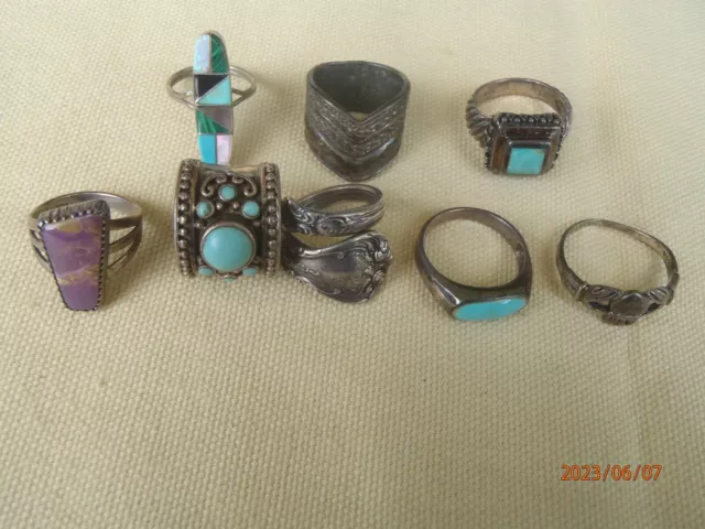 Vintage sterling silver turquoise assorted stones lot of 8 sizes 6 8