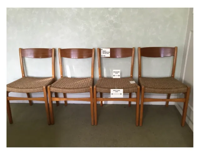 Four Mid Century modern, Scandinavian teak and seagrass dining chairs
