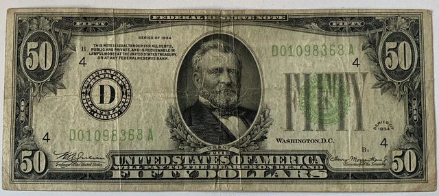 $50 (1934) Dollar Bill Federal Reserve Note - Green Seal Cleveland - VERY RARE!