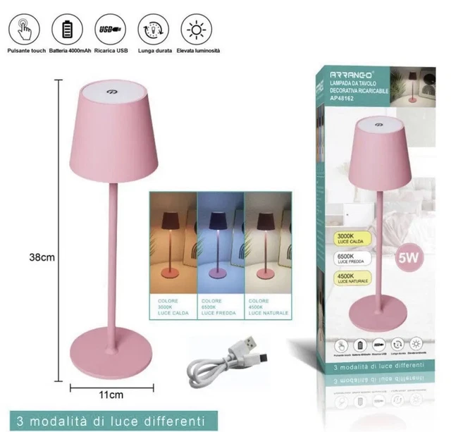 Lampada da Tavolo LED stile Poldina Dimmerabile Ricaricabile USB Rosa