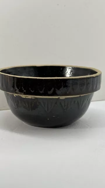 Vtg 5" Brown Stoneware Yellow Ware Glazed Picket Fence Pottery Mixing Crock Bowl