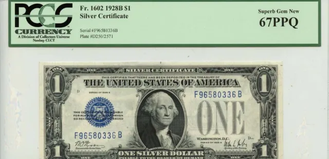 1928B $1 Silver Certificate Blue Seal FR#1602 PCGS Gem 67 PPQ