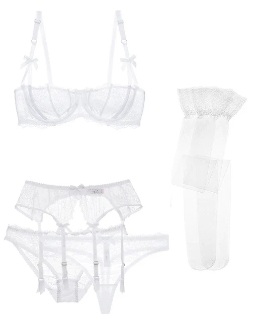 Set Intimo Fine 5pcs Bianco A Pizzo Trasparente, Biancheria Intima Sexy