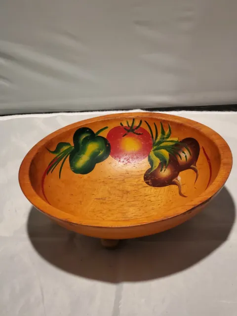 Vintage Hand Painted Footed Wooden Bowl Fruit vegetable bowl  11"