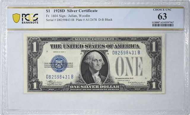 1928D $1 Small Silver Certificate FR1604 Choice UNC63 PCGS