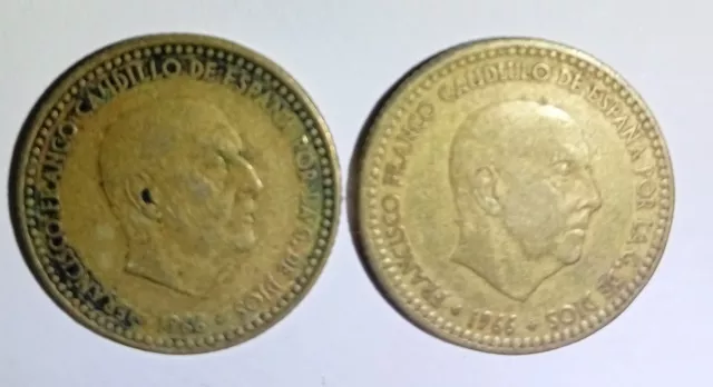 Dos monedas de 1 peseta de Francisco Franco Caudillo de España Año 1966