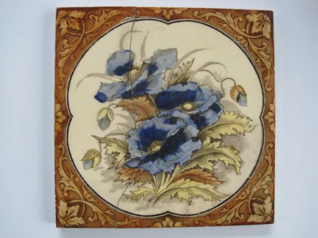 ANTIQUE VICTORIAN BLUE POPPIES TRANSFER PRINT & TINT TILE No.2383 - REPAIRED