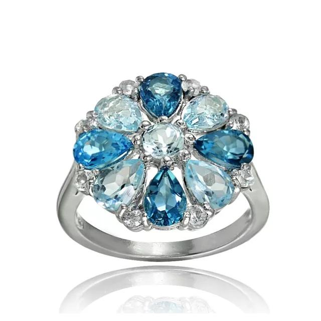 Sterling Silver London Blue, Blue and White Topaz Flower Ring