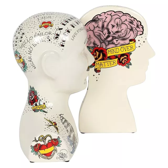 24cm Ornamental Porcelain Phrenology Tattoo Theme Art Head Bust Bookends